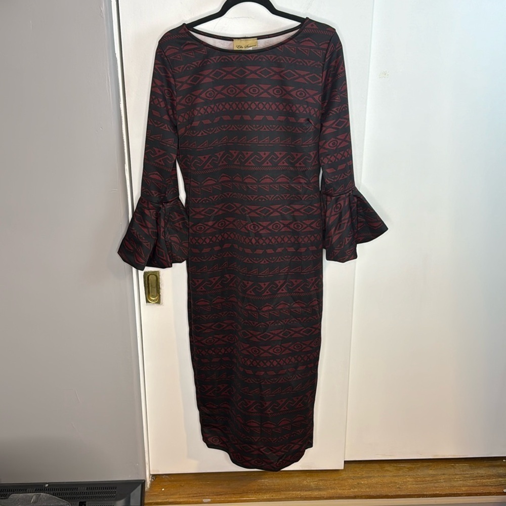 Ella Samani red and black, geometric bubble sleeve dress, back slit, midi dress